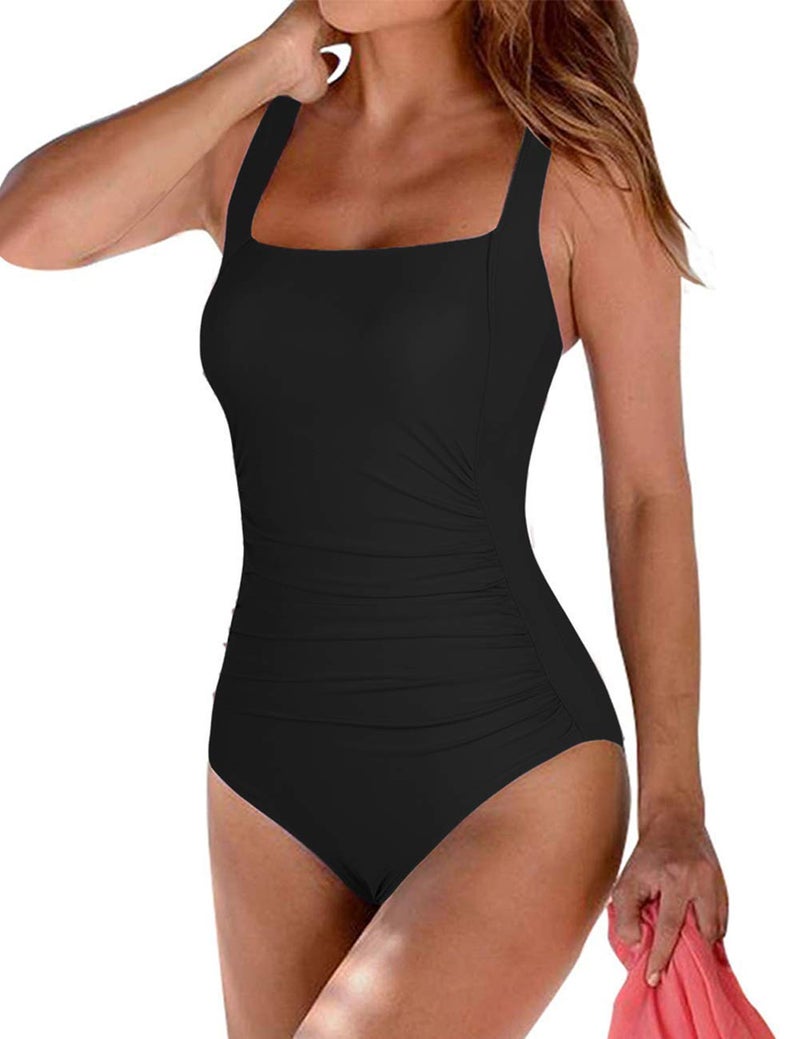 Firpearl Women's Tummy Control One Piece Swimsuit Vintage Push UP Bathing Suit Modest Swimwear US10 Black - Image 1