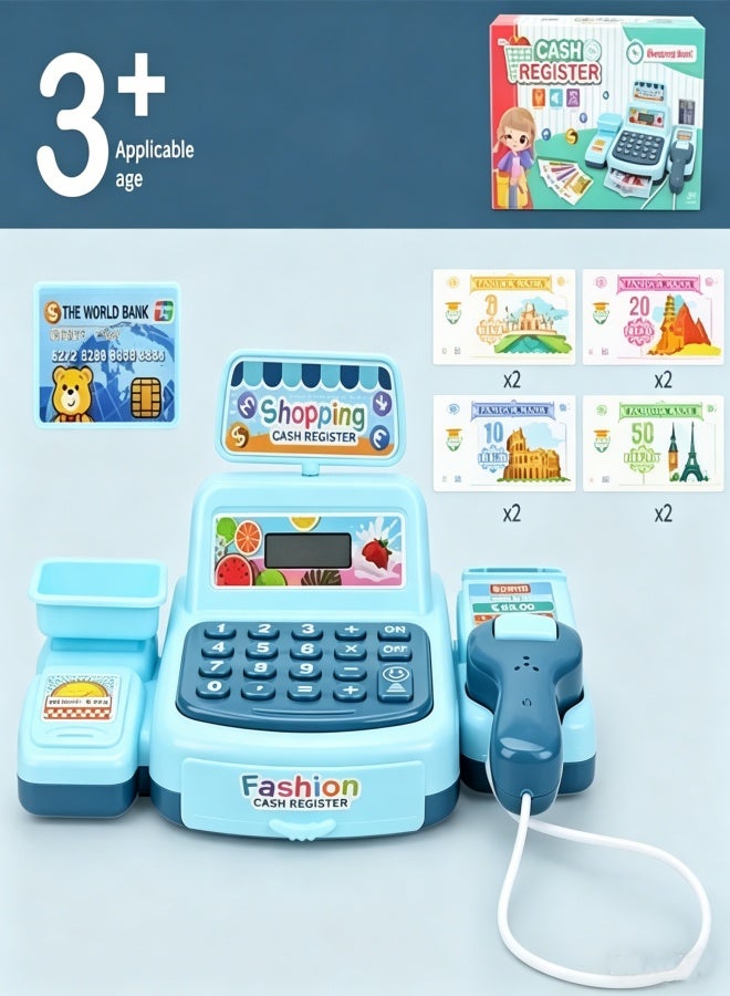 oldlaiben Kids Cash Register Toy, Pretend Play Calculator Register Toy Supermarket Shop Cash Register Toy Grocery Store Playset with Calculator, Scanner, Scales, Credit Card, Play Money (Blue) - Image 3