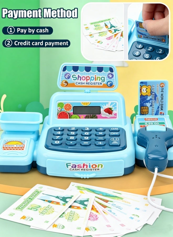 oldlaiben Kids Cash Register Toy, Pretend Play Calculator Register Toy Supermarket Shop Cash Register Toy Grocery Store Playset with Calculator, Scanner, Scales, Credit Card, Play Money (Blue) - Image 4