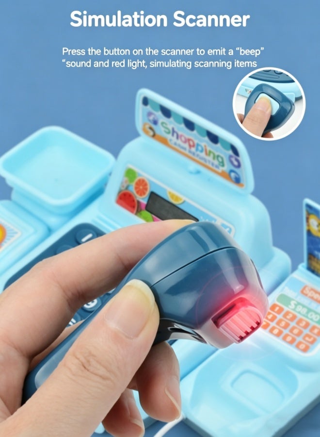 oldlaiben Kids Cash Register Toy, Pretend Play Calculator Register Toy Supermarket Shop Cash Register Toy Grocery Store Playset with Calculator, Scanner, Scales, Credit Card, Play Money (Blue) - Image 5