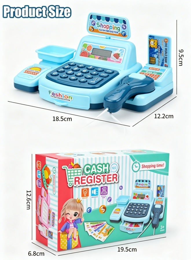 oldlaiben Kids Cash Register Toy, Pretend Play Calculator Register Toy Supermarket Shop Cash Register Toy Grocery Store Playset with Calculator, Scanner, Scales, Credit Card, Play Money (Blue) - Image 2