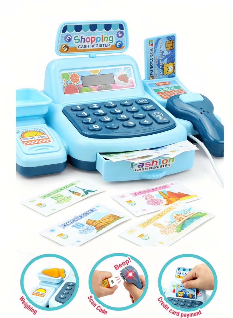 oldlaiben Kids Cash Register Toy, Pretend Play Calculator Register Toy Supermarket Shop Cash Register Toy Grocery Store Playset with Calculator, Scanner, Scales, Credit Card, Play Money (Blue) - Image 1