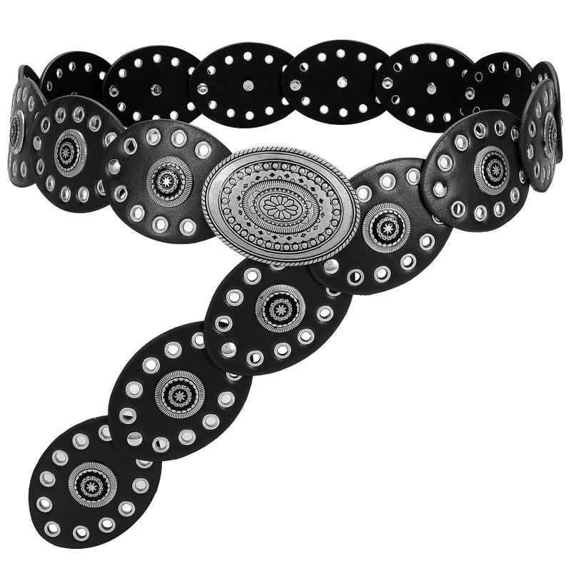 WHIPPY Women Disc Concho Leather Belt Western Cowgirl Wide Belt Vintage Boho Country Oval Waist Belt for Music Festival Dress, Black, Fit Waist Size Up to 33" - Image 1