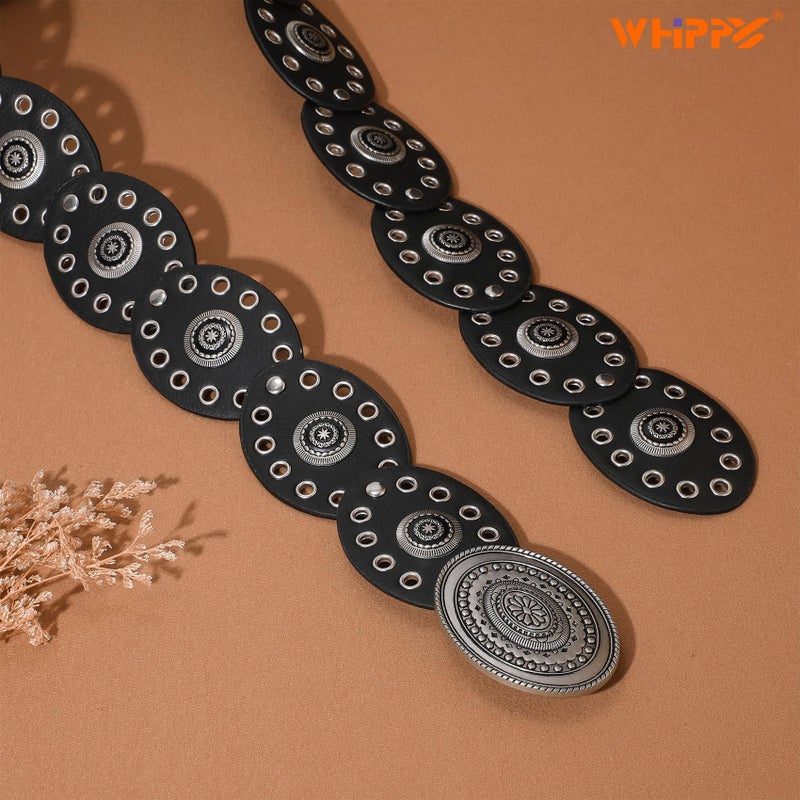 WHIPPY Women Disc Concho Leather Belt Western Cowgirl Wide Belt Vintage Boho Country Oval Waist Belt for Music Festival Dress, Black, Fit Waist Size Up to 33" - Image 3