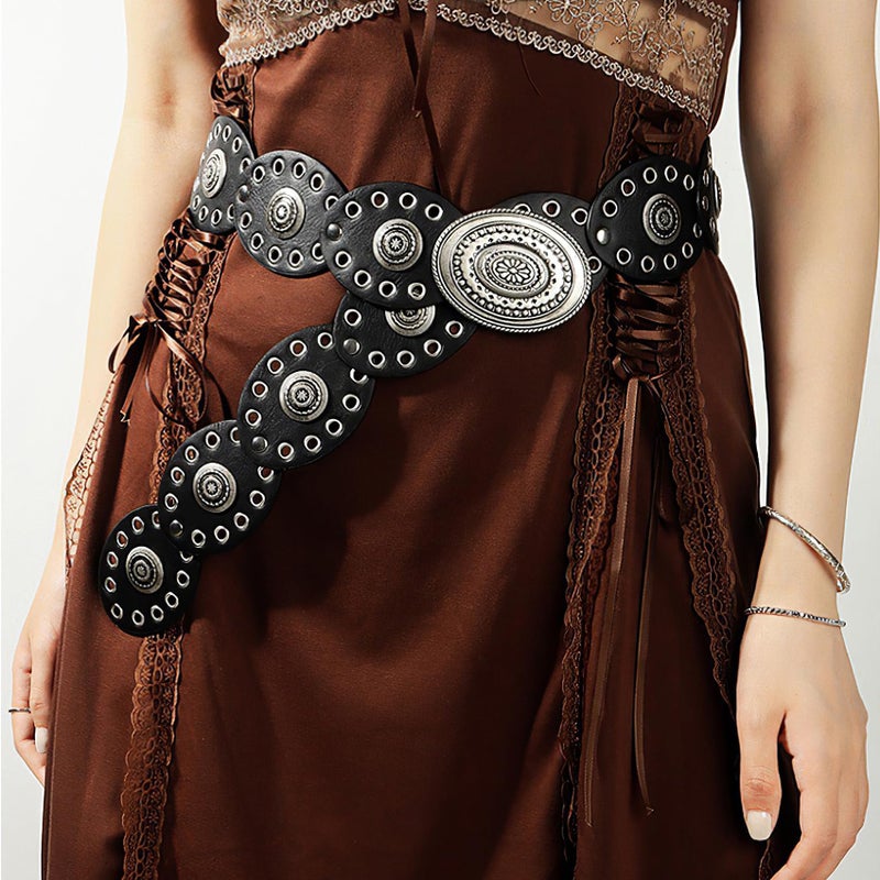 WHIPPY Women Disc Concho Leather Belt Western Cowgirl Wide Belt Vintage Boho Country Oval Waist Belt for Music Festival Dress, Black, Fit Waist Size Up to 33" - Image 2