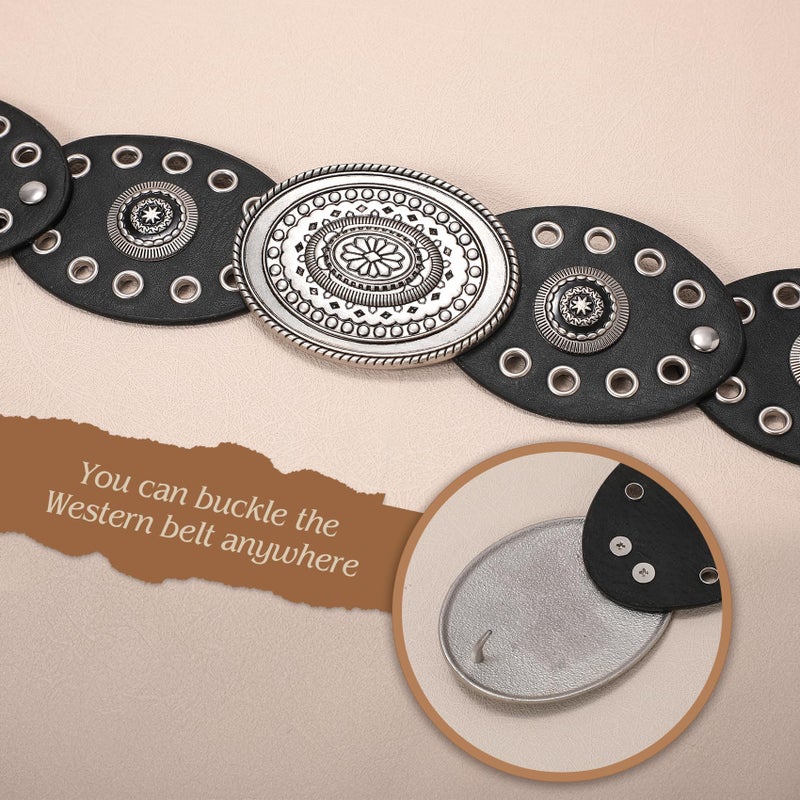 WHIPPY Women Disc Concho Leather Belt Western Cowgirl Wide Belt Vintage Boho Country Oval Waist Belt for Music Festival Dress, Black, Fit Waist Size Up to 33" - Image 5