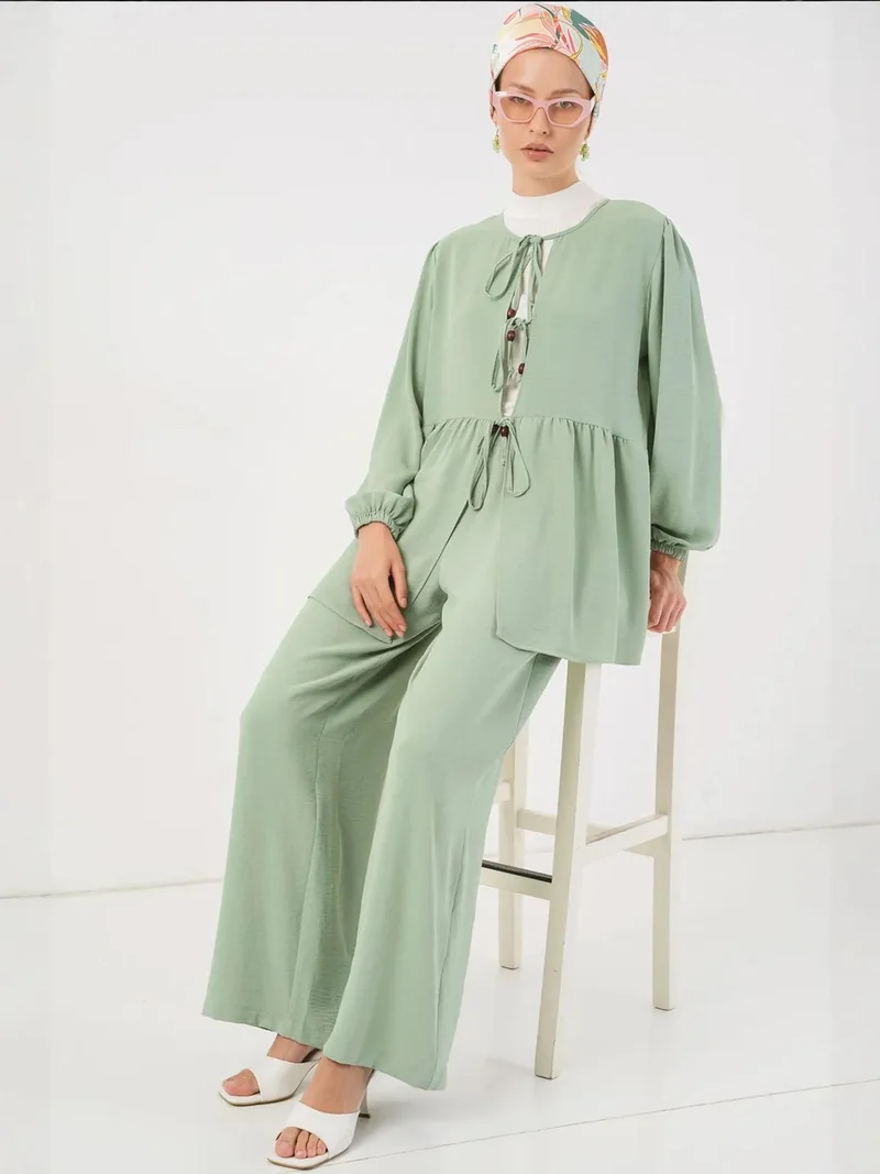 Big Dart Mint Green BDART Crew Neck Long Tunic and Wide Leg Pants Set for Women | Best Price UAE
