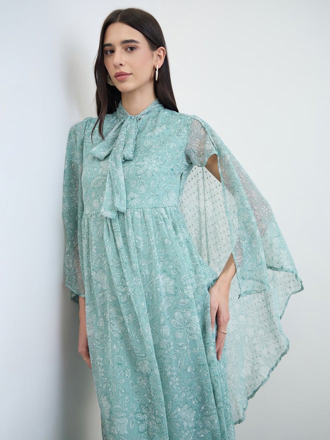 Styli Green Floral Print Dobby Cape Maxi Dress - Image 1