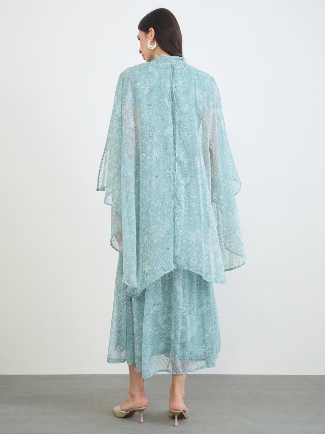 Styli Green Floral Print Dobby Cape Maxi Dress - Image 5