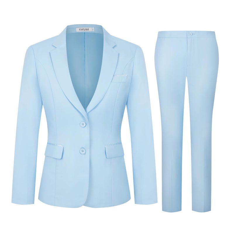 Kelyaa Womens 2 Piece Suit Lady 2 Button Notched Lapel Business Work Office Slim Fit Blazer Jacket Pants Set Light Blue