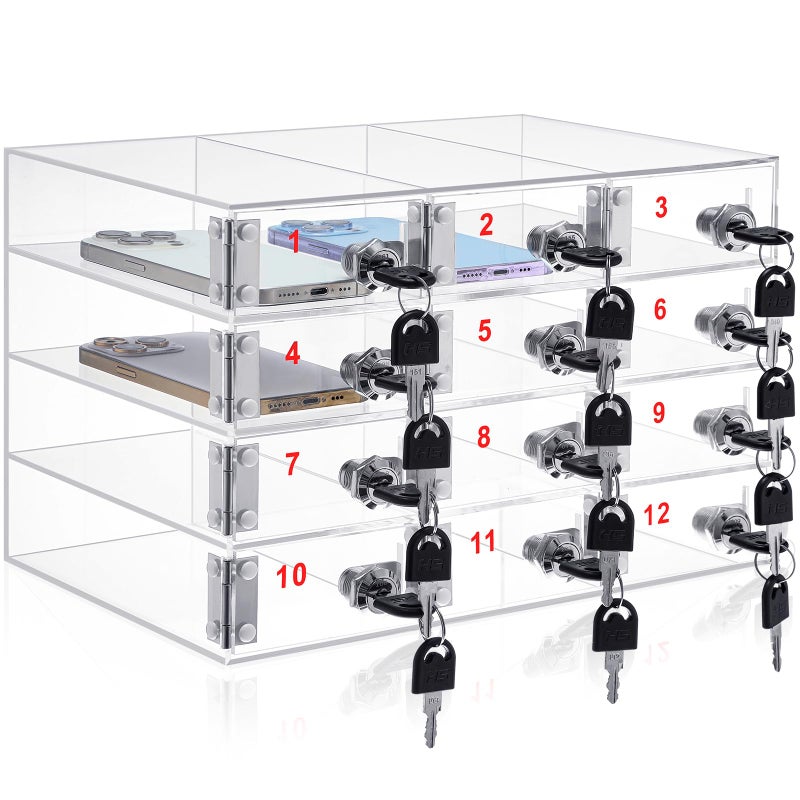 Layhit 12 Slots Cell Phone Locker Box for Classroom Clear Acrylic Cell Phone Storage Cabinet Bin with Door Locks for Classroom School Students Office Factory Employees