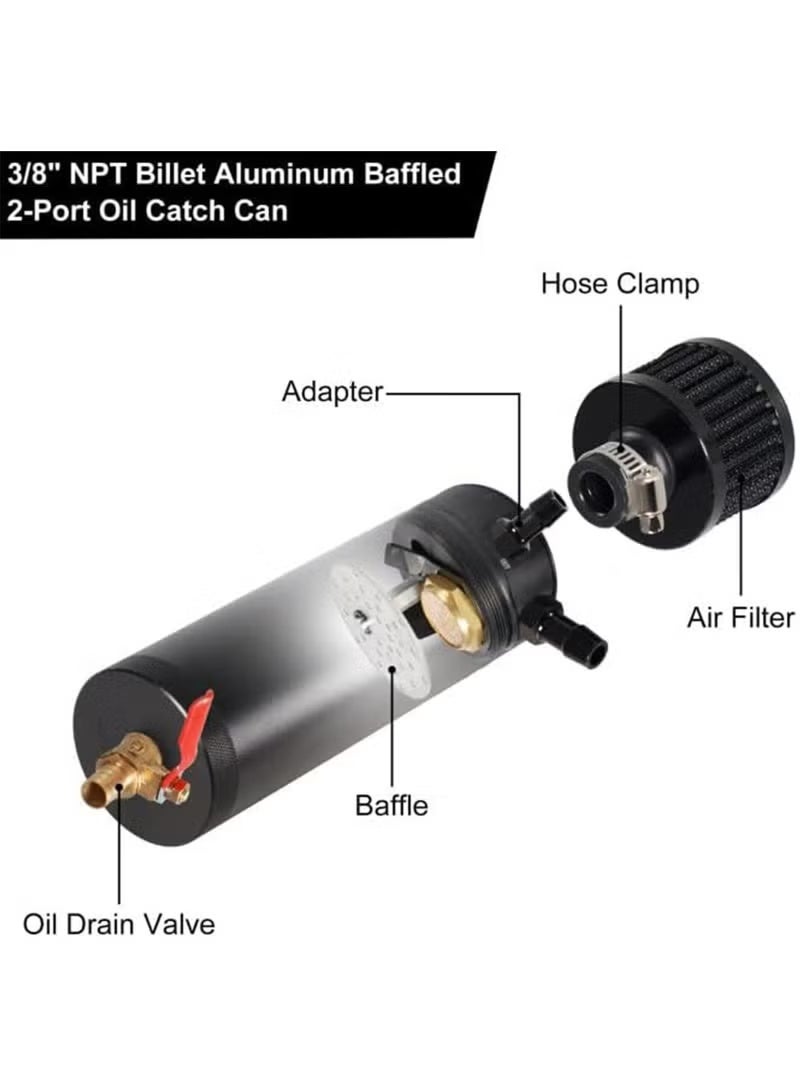 Universal 750ml 2-Port Oil Catch Can Tank Kit Polish Baffled Reservoir with Breather Filter with 3/8" Fuel Line,Aluminum,Black,with Drain Valve - Image 3