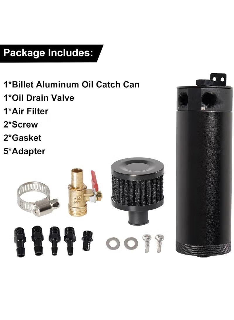 Universal 750ml 2-Port Oil Catch Can Tank Kit Polish Baffled Reservoir with Breather Filter with 3/8" Fuel Line,Aluminum,Black,with Drain Valve - Image 5