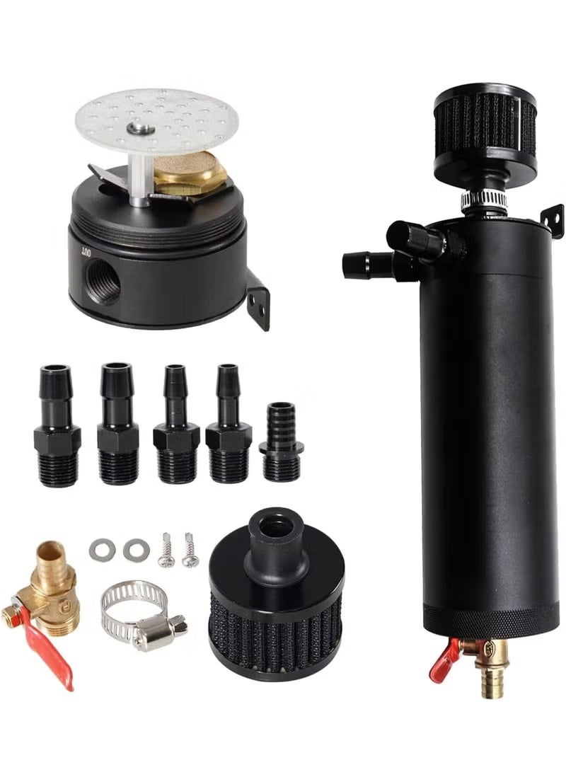 Universal 750ml 2-Port Oil Catch Can Tank Kit Polish Baffled Reservoir with Breather Filter with 3/8" Fuel Line,Aluminum,Black,with Drain Valve - Image 1