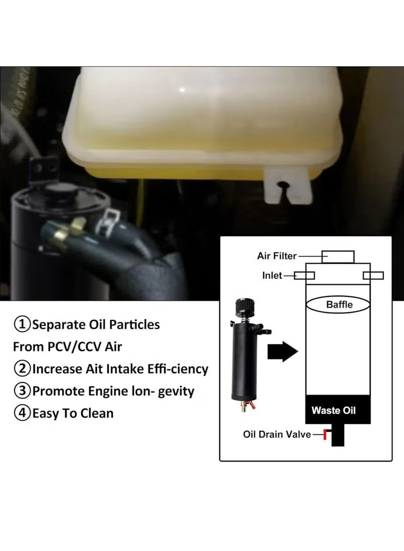 Universal 750ml 2-Port Oil Catch Can Tank Kit Polish Baffled Reservoir with Breather Filter with 3/8" Fuel Line,Aluminum,Black,with Drain Valve - Image 2