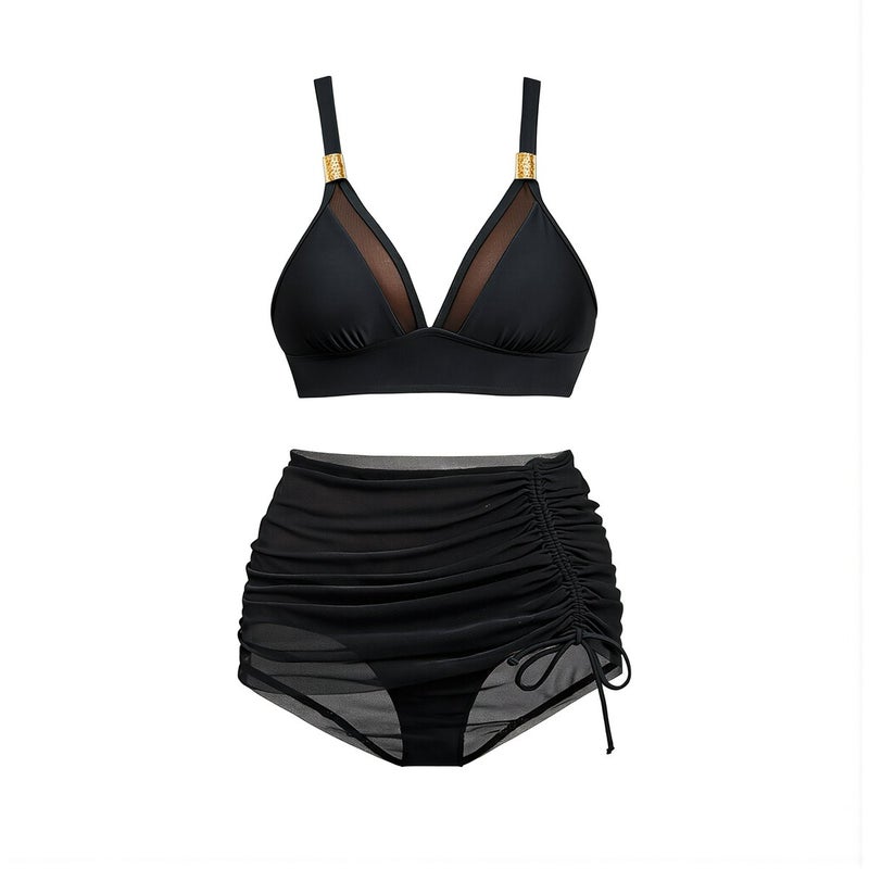 Women 3 Piece Mesh Bikini Set High Waist Swim Skirt Black S Beachwear - Image 1
