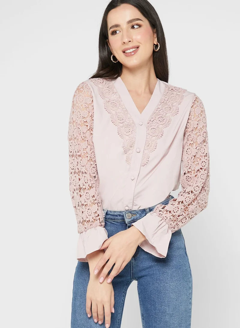 ELLA Crochet Trim Cuff Sleeve Detail Blouse