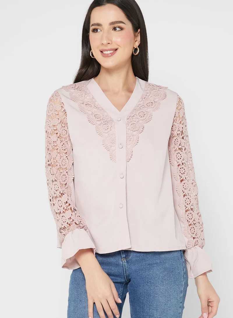 ELLA Crochet Trim Cuff Sleeve Detail Blouse