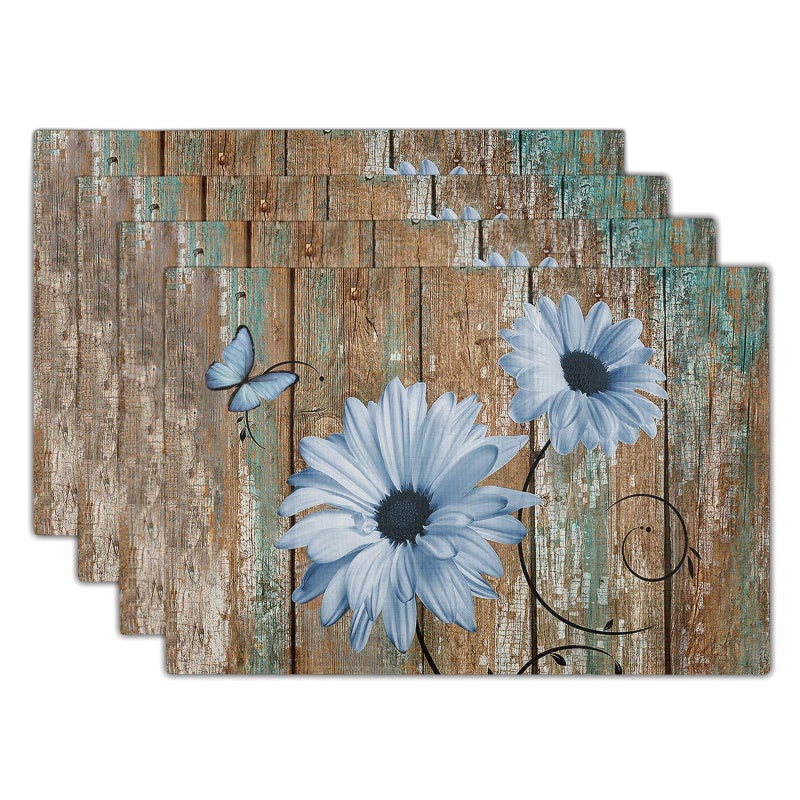 Giwawa Rustic Daisy Placemats Set of 4- Blue Sunflowers on Vintage Wood Board Linen Place Mat- Farmhouse Wooden Washable Heat Resistant Table Mats for Kitchen Dining Cabin Lodge Decor - Image 1