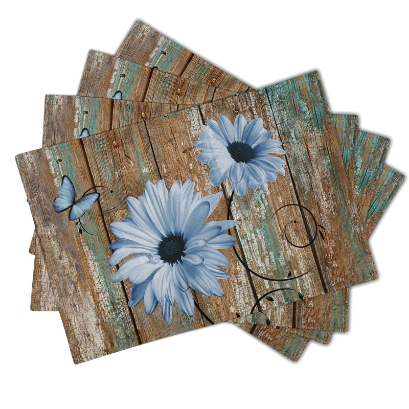 Giwawa Rustic Daisy Placemats Set of 4- Blue Sunflowers on Vintage Wood Board Linen Place Mat- Farmhouse Wooden Washable Heat Resistant Table Mats for Kitchen Dining Cabin Lodge Decor - Image 2