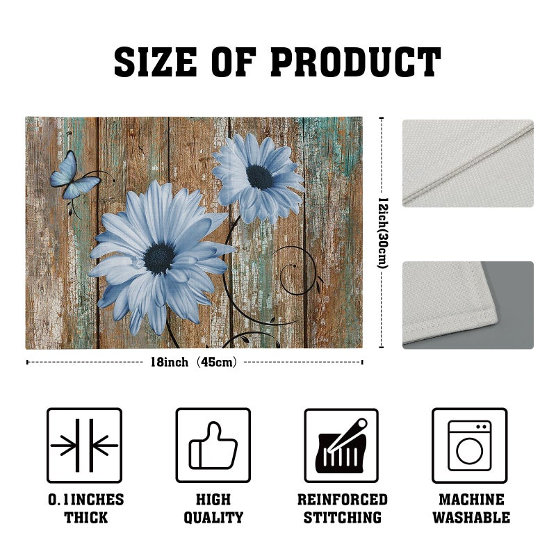 Giwawa Rustic Daisy Placemats Set of 4- Blue Sunflowers on Vintage Wood Board Linen Place Mat- Farmhouse Wooden Washable Heat Resistant Table Mats for Kitchen Dining Cabin Lodge Decor - Image 4