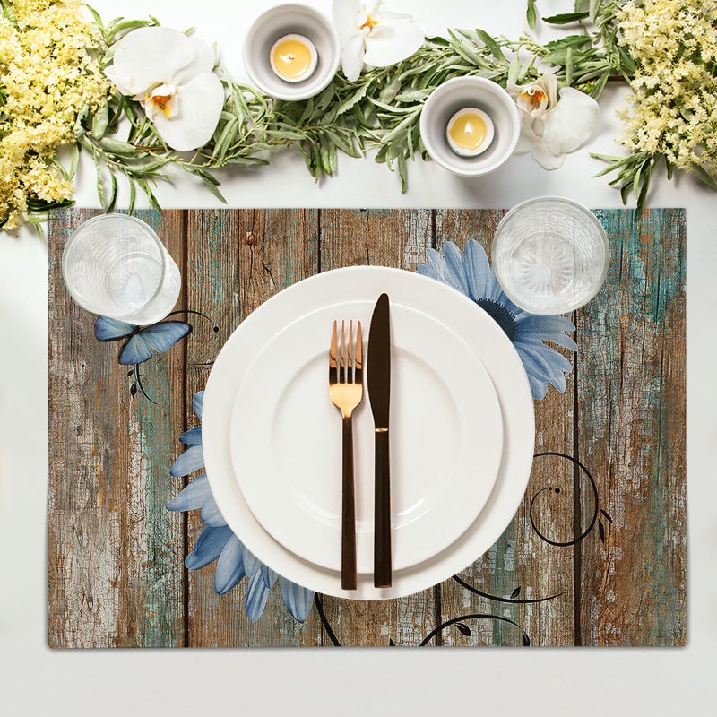 Giwawa Rustic Daisy Placemats Set of 4- Blue Sunflowers on Vintage Wood Board Linen Place Mat- Farmhouse Wooden Washable Heat Resistant Table Mats for Kitchen Dining Cabin Lodge Decor - Image 3