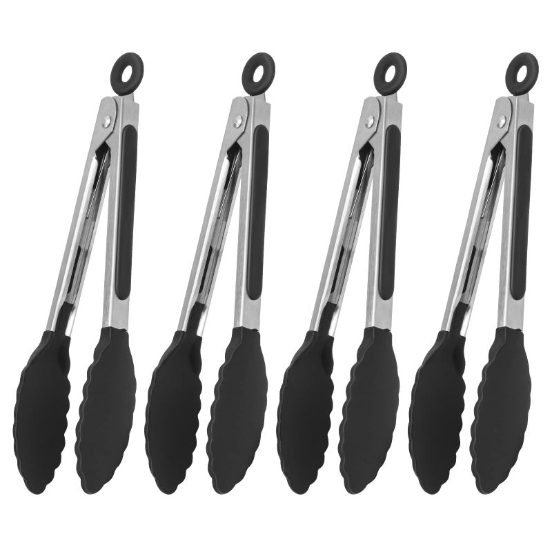 Serving Tongs Kitchen Tongs  Heat Resistant Premium Stainless Steel Locking Cooking Tongs with Silicone Tips NonSlip Food Tongs for Cooking Heavy Duty NonStick 9 Inch4 Pack