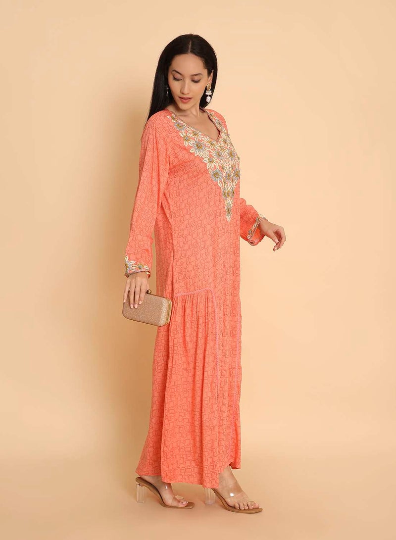 HANA & SARA Womens elegant & unique hand printed arabic kaftan jalabiya dress with high end printed embroidery design - Image 4