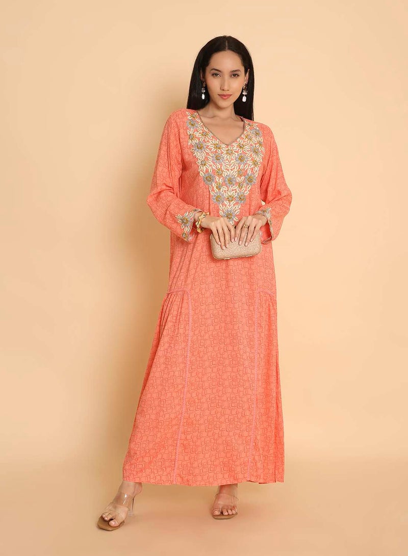 HANA & SARA Womens elegant & unique hand printed arabic kaftan jalabiya dress with high end printed embroidery design - Image 1