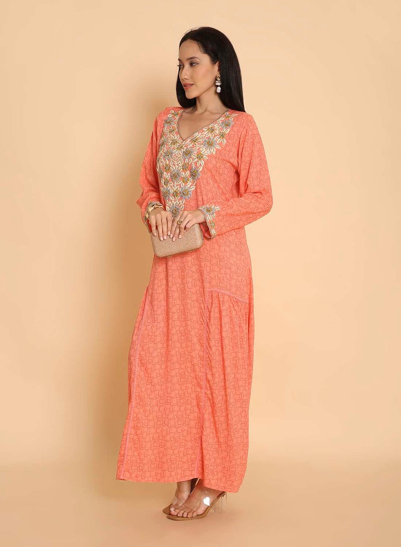 HANA & SARA Womens elegant & unique hand printed arabic kaftan jalabiya dress with high end printed embroidery design - Image 5