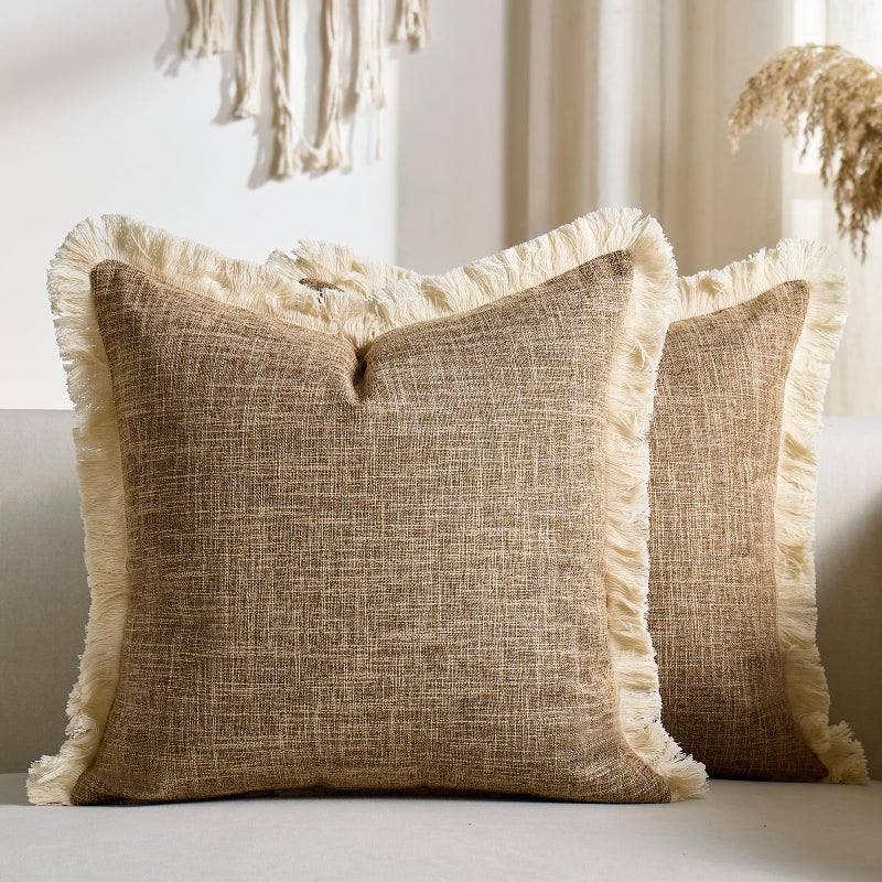Daptsy Faux Linen Pillow Covers with Tassels Fringed Boho Farmhouse Decorative Throw Pillowcase Rustic Woven Textured Cushion Case for Sofa Couch Bedroom Living Room Home Decor 18x18 Inch Khaki Set of 2 - Image 1