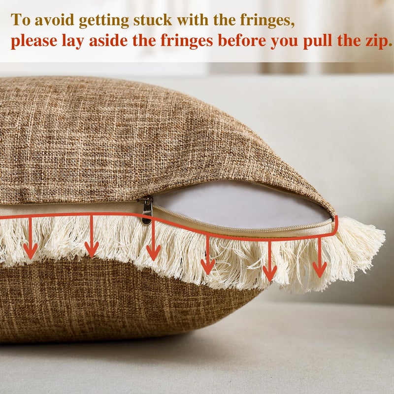 Daptsy Faux Linen Pillow Covers with Tassels Fringed Boho Farmhouse Decorative Throw Pillowcase Rustic Woven Textured Cushion Case for Sofa Couch Bedroom Living Room Home Decor 18x18 Inch Khaki Set of 2 - Image 4