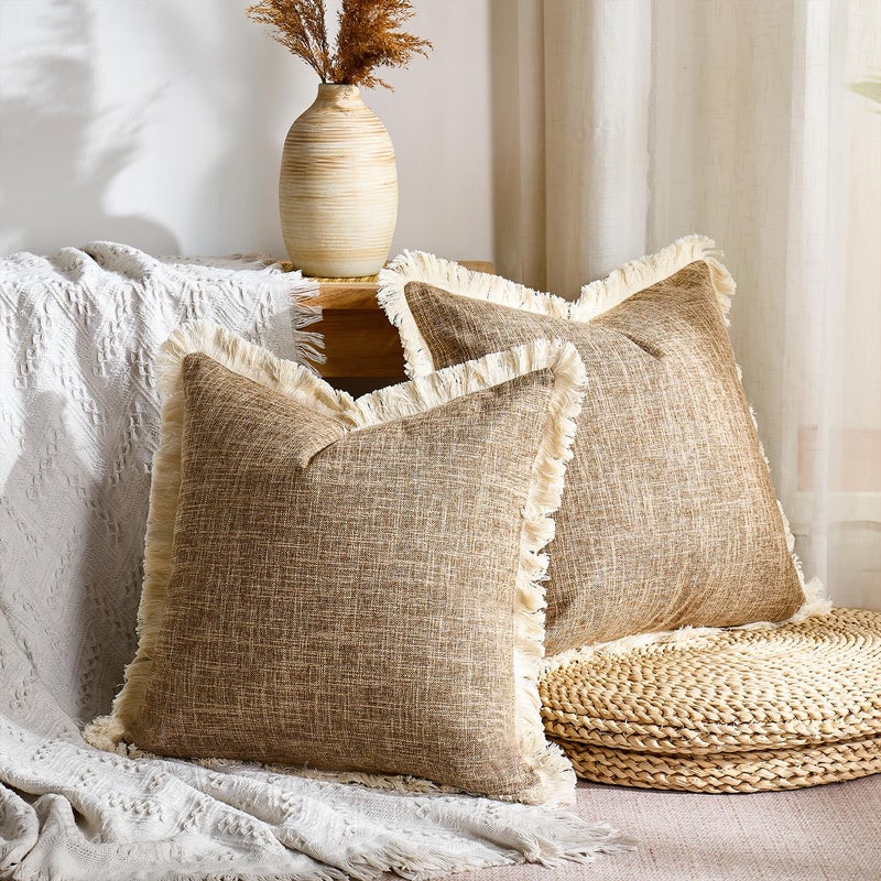 Daptsy Faux Linen Pillow Covers with Tassels Fringed Boho Farmhouse Decorative Throw Pillowcase Rustic Woven Textured Cushion Case for Sofa Couch Bedroom Living Room Home Decor 18x18 Inch Khaki Set of 2 - Image 2