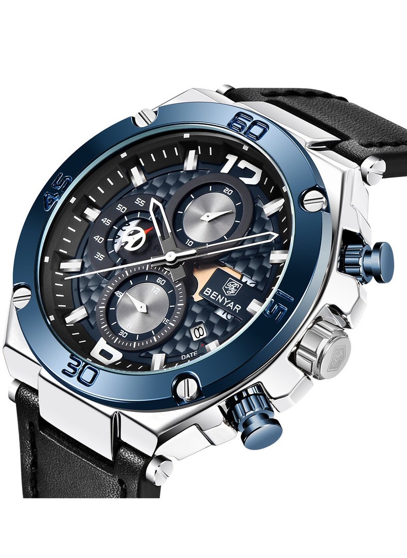 BENYAR - Watches for Men Luxury Quartz Water Resistant Watch Men's Chronograph Genuine Leather Strap 5151 Black - Image 1