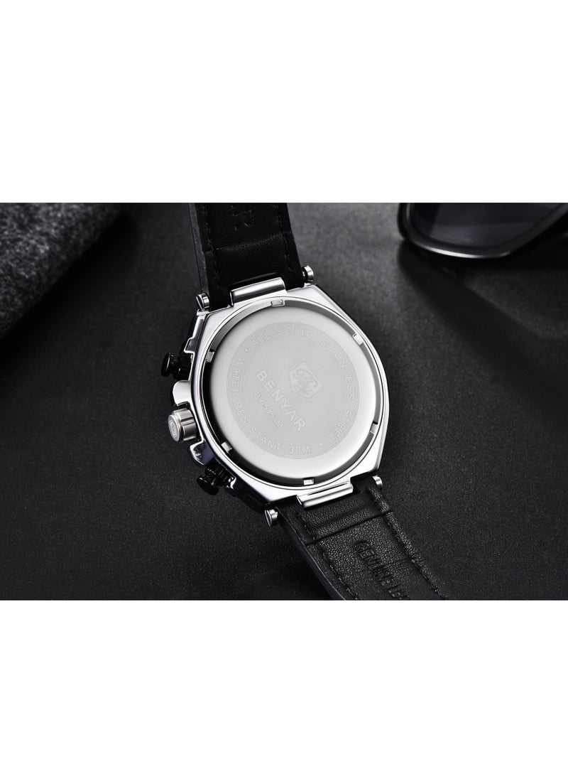 BENYAR - Watches for Men Luxury Quartz Water Resistant Watch Men's Chronograph Genuine Leather Strap 5151 Black - Image 1