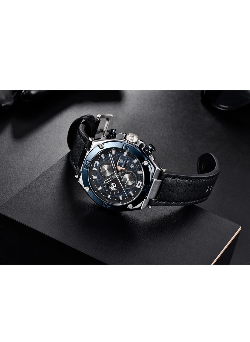 BENYAR - Watches for Men Luxury Quartz Water Resistant Watch Men's Chronograph Genuine Leather Strap 5151 Black - Image 1