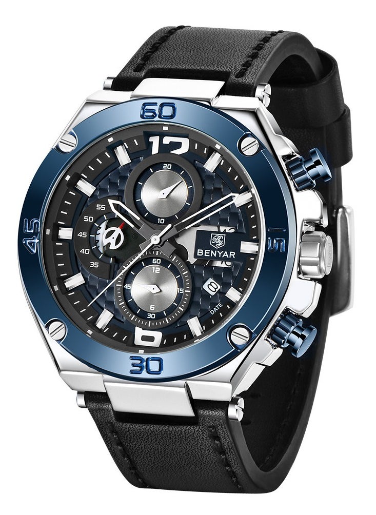 BENYAR - Watches for Men Luxury Quartz Water Resistant Watch Men's Chronograph Genuine Leather Strap 5151 Black - Image 1