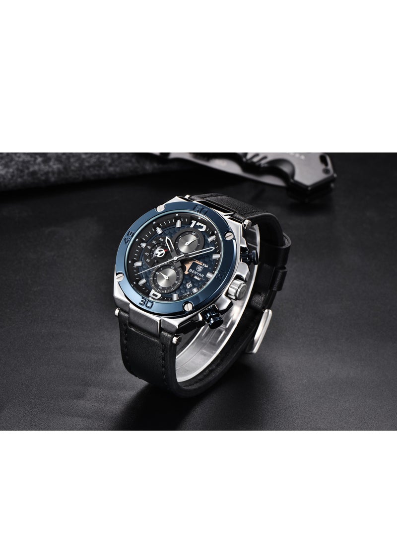 BENYAR - Watches for Men Luxury Quartz Water Resistant Watch Men's Chronograph Genuine Leather Strap 5151 Black - Image 1