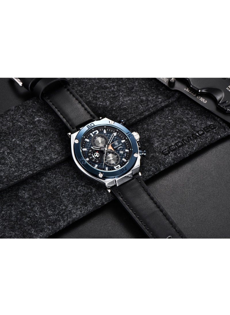 BENYAR - Watches for Men Luxury Quartz Water Resistant Watch Men's Chronograph Genuine Leather Strap 5151 Black - Image 1