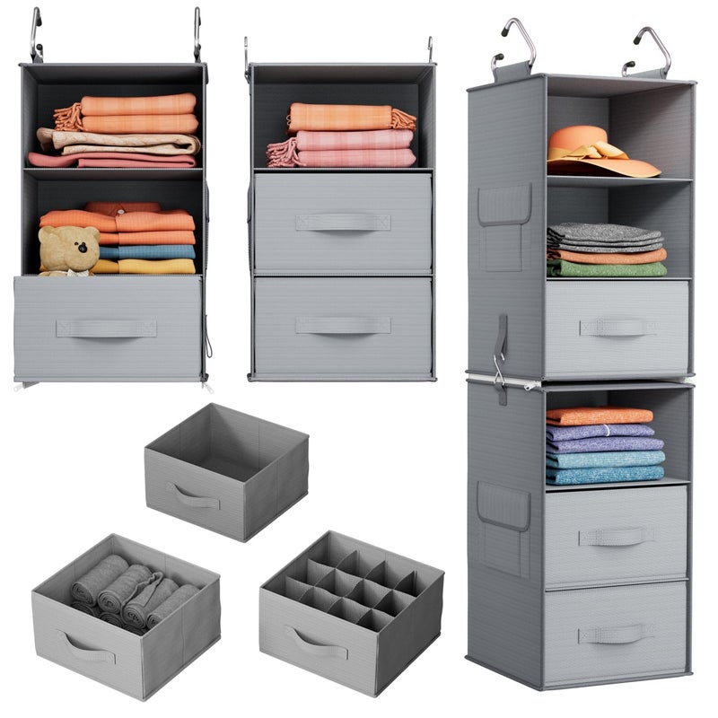 Pipishell 6Shelf Hanging Closet Organizer with 2 Separable 3Tier Shelves 3 Drawers Side Pockets Closet Organizers and Storage for Wardrobe Organization and Nursery Clothes Organizer Gray