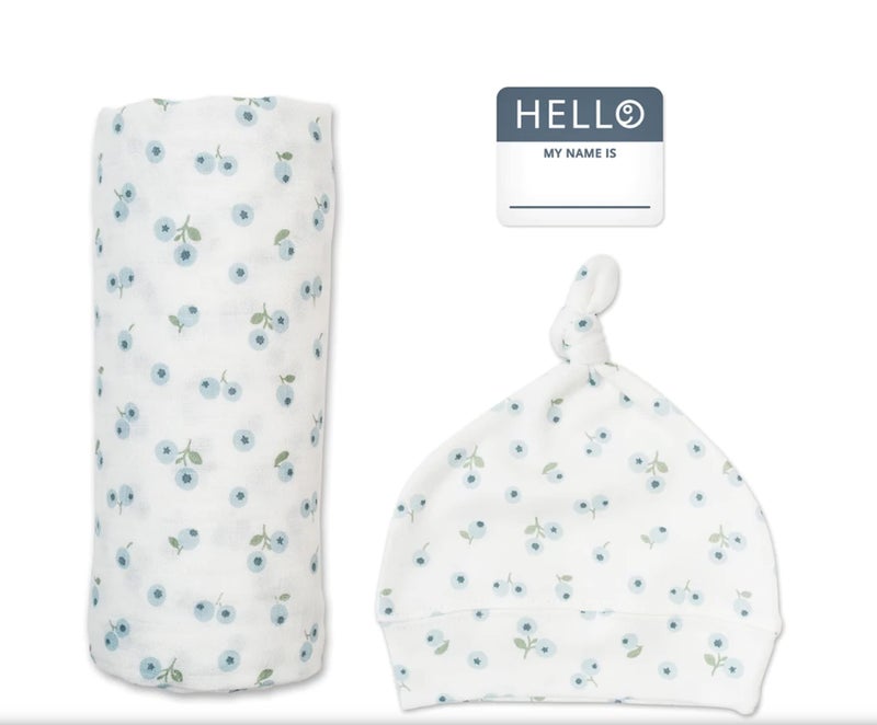 lulujo lulujo Birth Announcement Hat Swaddle Blanket Set Unisex Softest Bamboo Muslin Baby Swaddle Blanket Receiving Blanket 47in x 47in Bamboo Knot Hat Hello Birth Announcement Sticker Blueberries