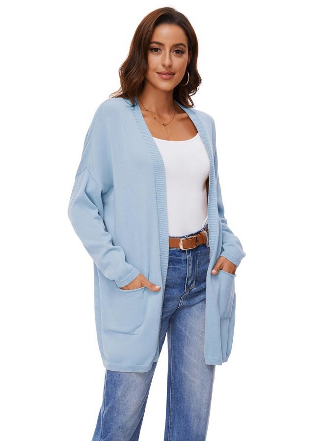 BERESIA Women's 100% Cotton Lightweight Open Front Cardigans with Pockets Oversized Knit Casual Sweaters Outwear, Lightblue, S - Image 3