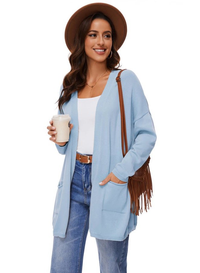 BERESIA Women's 100% Cotton Lightweight Open Front Cardigans with Pockets Oversized Knit Casual Sweaters Outwear, Lightblue, S - Image 4