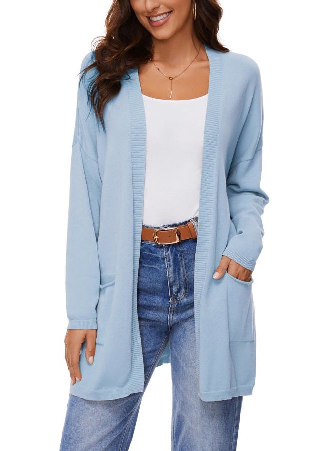 BERESIA Women's 100% Cotton Lightweight Open Front Cardigans with Pockets Oversized Knit Casual Sweaters Outwear, Lightblue, S - Image 1