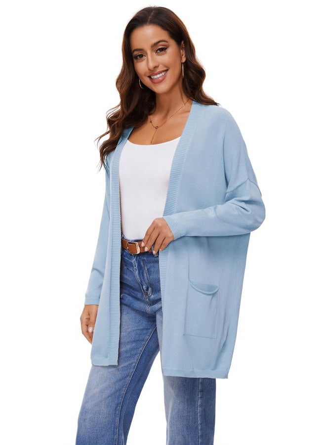 BERESIA Women's 100% Cotton Lightweight Open Front Cardigans with Pockets Oversized Knit Casual Sweaters Outwear, Lightblue, S - Image 2