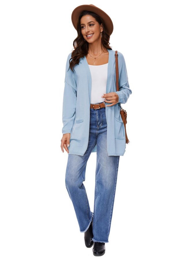 BERESIA Women's 100% Cotton Lightweight Open Front Cardigans with Pockets Oversized Knit Casual Sweaters Outwear, Lightblue, S - Image 5