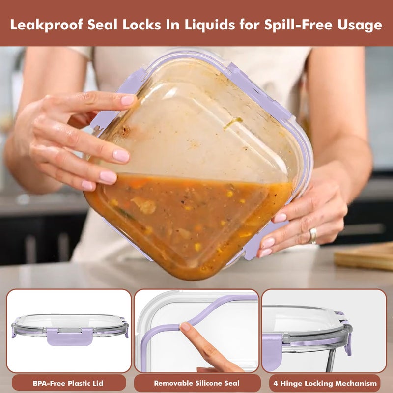 Razab 2 PC 1200ML / 41 Oz Glass Food Storage Containers with Lids - Airtight & Leakproof - Microwave/Oven/Freezer Safe - BPA Free - Ideal for Meal Prep, Storing Leftover & Lunch - Image 3