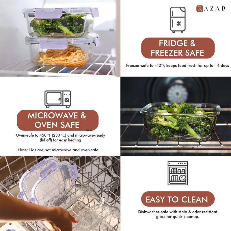 Razab 2 PC 1200ML / 41 Oz Glass Food Storage Containers with Lids - Airtight & Leakproof - Microwave/Oven/Freezer Safe - BPA Free - Ideal for Meal Prep, Storing Leftover & Lunch - Image 5