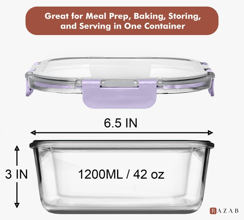 Razab 2 PC 1200ML / 41 Oz Glass Food Storage Containers with Lids - Airtight & Leakproof - Microwave/Oven/Freezer Safe - BPA Free - Ideal for Meal Prep, Storing Leftover & Lunch - Image 2