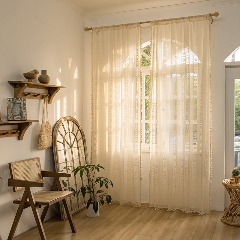 Sutuo Home ستائر سوتو المنزلية بلون البيج بتصميم بوهيمي لغرفة المعيشة وغرفة النوم 2 لوحات، حياكة دانتيل كروشيه، شبه شفافة، يدوية الصنع مع خرز، معالجة النوافذ بتصميم ريفي عتيق، جيب قضيب، 52" عرض × 84" طول - Image 2